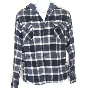 Blue Gear Flannel Hoodie Shirt button-down Plaid Shacket Long sleeve XL